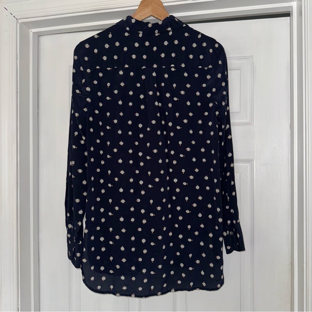 J. Crew 100% Silk Button Down Shirt Navy Clocks 4 - Picture 6 of 7